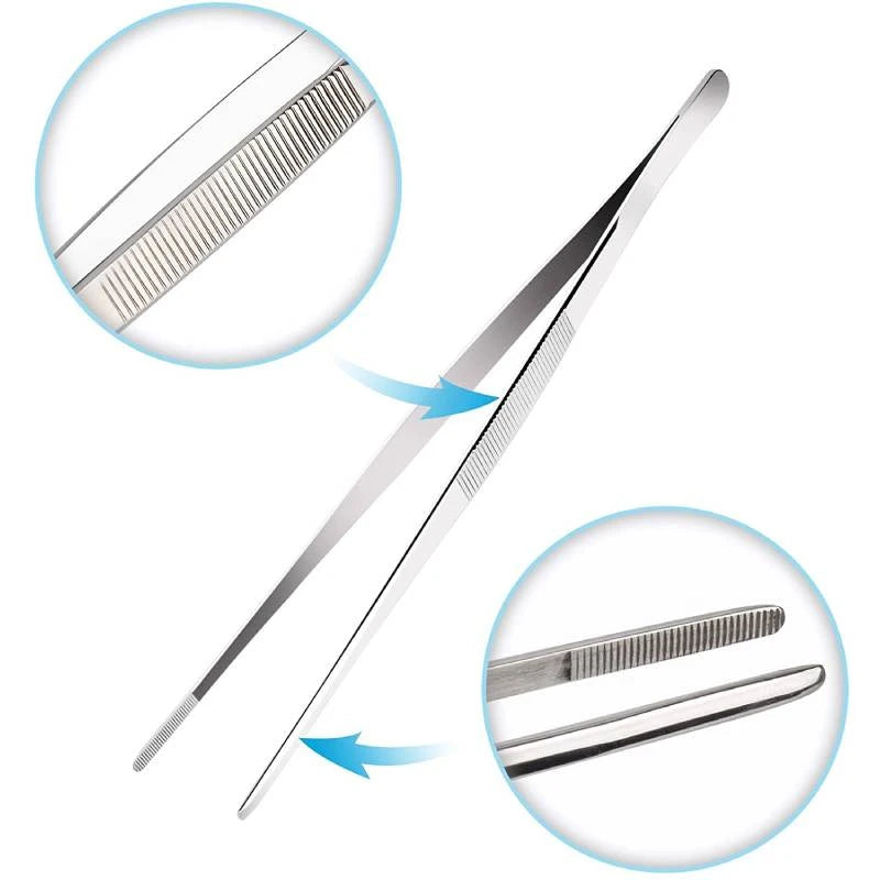 KSM Stainless Steel Long Tweezers with Straight Pointed Serrated Tip 20cm SST06