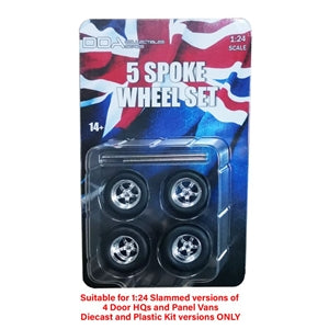 DDA 1:24 Set of 4 x 5 Spoke Chrome Wheels w/Tyres & Axles DDAW002