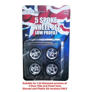 DDA 1:24 Set of 4 x Low Profile Chrome 5 Spoke Wheels w/Tyres & Axles DDAW003