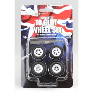 DDA 1:24 Set of 4 x 10 Slot Unpainted White Wheels w/Tyres & Axles DDAW004