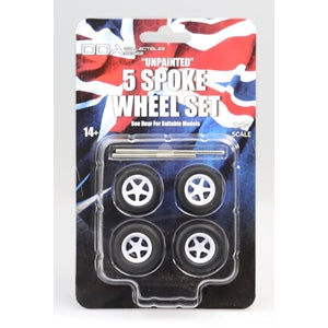 DDA 1:24 Set of 4 x 5 Spoke Unpainted White Wheels w/Tyres & Axles DDAW005