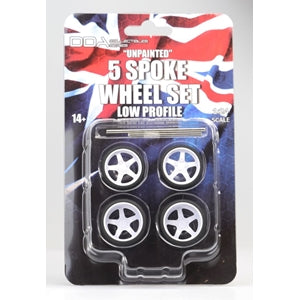 DDA 1:24 Set of 4 x Low Profile Unpainted White 5 Spoke Wheels w/Tyres & Axles DDAW006
